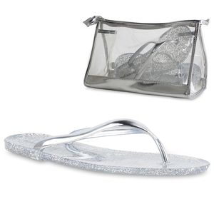 Mariamare Damen Sandalen Zehentrenner + Kulturtsche Metallic Glitzer Schuhe 837647, Farbe: Silber, Größe: 41