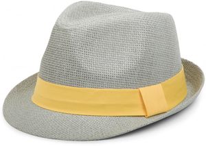 styleBREAKER Trilby Hut, leichter Papierhut mit kontrastfarbigem Zierband, Uni 04025002, Farbe:Hellgrau / Gelb, Größe:L / XL = 58 cm