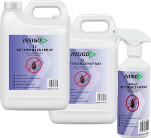 INSIGO 2x2L + 500ml Anti-Bettwanzenspray, Mittel gegen Wanzen, Bettwanzenbefall, Wanzenschutz, blockiert Eier & Larven, auf Wasserbasis, fleckenfrei, geruchsarm, Langzeitwirkung, gegen Ungeziefer Parasiten
