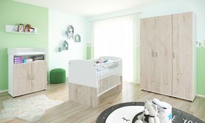 nonjoo - Baby Zimmer Hanna Set 7: best. aus Babybett, Kommode, Wickelaufsatz, Wandboard und Kleiderschrank 3-trg.