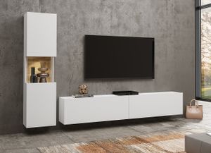 Wohnzimmer - Set Wohnwand Anbauwand AVA 09 eiche wotan / weiß hängend / stehend mit Vitrine und TV- Lowboard