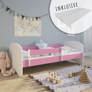Kinderbett 70x140 mit Matratze, Rausfallschutz & Lattenrost in pink 140x70 Mädchen Jungen Bett Skandi