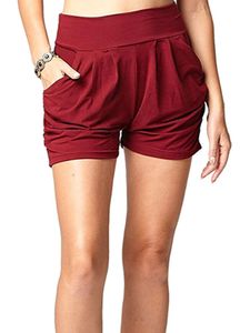 Womens Beiläufig Harem Shorts Bottoms Weiche kurze Hose mit mittlerer Taille Taschen,Farbe:Rotwein,Größe:L