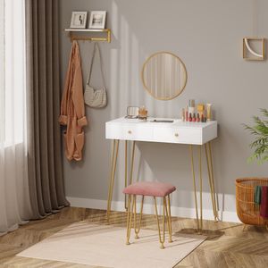 Toaletný stolík WOLTU, toaletný stolík, kozmetický stolík so stoličkou a zrkadlom, 2 zásuvky, biely