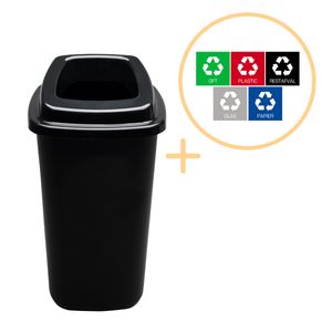 Plafor Abfalleimer Mülltrennungssystem Abfallbehälter 45L schwarz - 37 x 32 x 62 cm  – Kunststoff Küche Büro mit Abfall Recycling Aufkleber