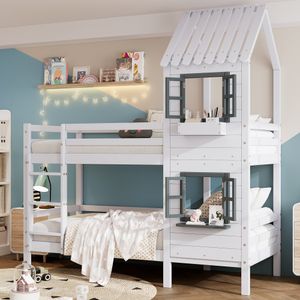 Flieks Etagenbett 90x200cm Kinderbett mit Rausfallschutz, Hochbett mit Leiter, Hausbett mit Lattenrost Holzbett für 2 Kinder, Kieferholzbett Flieks Etagenbett 90x200cm Kinderbett mit Rausfallschutz, Hochbett mit Leiter, Hausbett mit Lattenrost Holzbett für 2 Kinder, Kieferholzbett