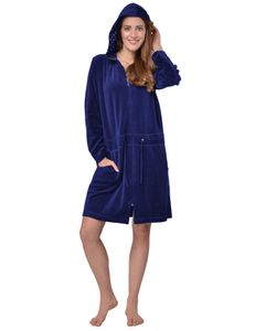 RAIKOU Bademantel Damen Baumwolle mit Kapuze Royal Blau 36/38 Morgenmantel mit Reißverschluss
