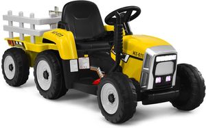 GOPLUS Elektrofahrzeuge mit Anhänger, 3-Gang Elektroauto Traktor mit Fernbedienung, LED-Licht & Musik & Bluetooth, für Kinder ab 3 Jahren, bis 30 kg (Gelb)