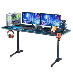 Gaming Tisch 160cm, ergonomischer T-Form Computertisch mit großer Mauspad, Schreibtisch Holz 160x75x75cm, mit Becherhalter, Kopfhörerhaken, Gaming Griffgestell, Kabelführungslöcher