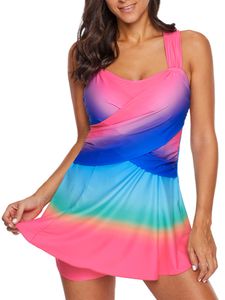 Damen Tankini Set Badekleid + Shorts Zweiteilige Badeanzug Badebekleidung Farbverläufe,Farbe:Rot,Größe:XXL