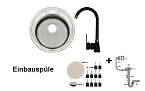 Edelstahl Rundspüle K48 & Blacky Armatur Farbe schwarz Einbauspüle Spüle + Zubehör Spülbecken Küchenspüle