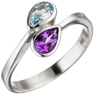 Gr. 58 - Damen Ring 925 Sterling Silber 1 Amethyst lila violett 1 Blautopas hellblau blau