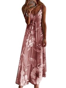 Damen Sommerkleider Blumenmuster Langes Kleid Boho Rüschen Spaghettiträger Maxikleid Rosa,Größe:M
