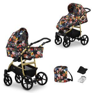 Kinderwagen MATA Sportwagen Babywagen Babyschale Komplettset Kinder Wagen Set 2 in 1 (blumen, Rahmenfarbe: Gold)