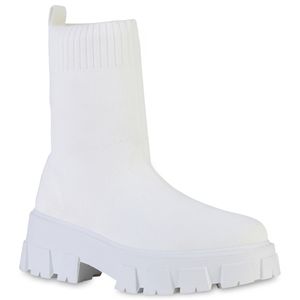 VAN HILL Damen Stiefeletten Plateau Boots Profil-Sohle Strick Schuhe 838376, Farbe: Weiß, Größe: 39