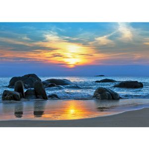 Fototapete Meer Tapete Strand Felsen Meer Wellen Sonnenuntergang blau | no. 453, Größe:200x140 cm, Material:Fototapete Vlies - PREMIUM PLUS
