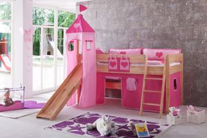 Hochbett KIM Kinderbett Spielbett Bett inklusive Rutsche Stoffset Buche Herz Pink/Rosa