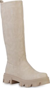 VAN HILL Damen Stiefel Plateaustiefel Blockabsatz Profil-Sohle Schuhe 837680, Farbe: Nude, Größe: 38