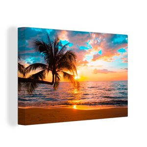 OneMillionCanvasses® - Leinwandbilder - Bild auf Leinwand Wandbild Leinwandbild Palme - Sonnenuntergang - Horizont - Strand - Meer - Tropisch, 30x20 cm, Kunstdruck Wandkunst Gemälde auf