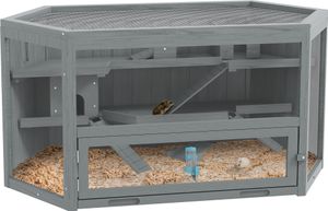 PawHut 3 Etagen Nagerkäfig, 6-eckig Kleintierkäfig, Kleintierhaus aus Holz, Mäusekäfig, Hamsterkäfig mit klappbarem Deckel, Sichtfenster, Rampe, 115 x 60 x 55 cm Grau