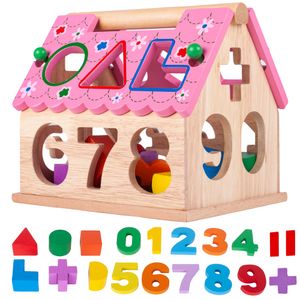 Drevené bloky Dom Čísla Tvary Stavebné bloky Puzzle Montessori Hračky Farebné drevené puzzle Vzdelávacie