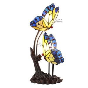 Stolní lampa Clayre & Eef Tiffany 24x17x47 cm Modrožluté sklo Plastoví motýli