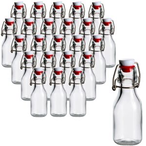 gouveo 24er Set Glasflaschen 100 ml rund mit Bügelverschluss rot - Kleine Bügelflasche 0,1 l zum Befüllen - Bügelverschlussflasche, Likörflasche, Schnapsflasche, Deko-Flasche