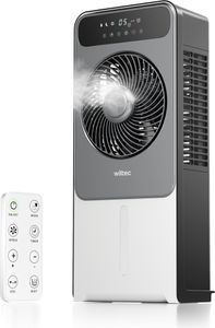 Ventilátor Wiltec Misting Fan 37 W s jemnou mlhou, mobilní ochlazovač vzduchu, klimatizace s vodním chlazením 1,5 l, ochlazovač vzduchu s dálkovým ovládáním