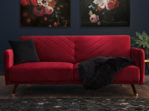 Sofa Dunkelrot Samtstoff 3-Sitzer Schlaffunktion Retro Modern Wohnzimmer