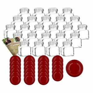 gouveo Einmachgläser 120 ml eckig Schraubverschluss - Vorratsglas mit Deckel, Deckelfarbe:Rot, Setgröße:24er Set
