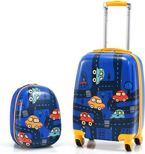 Kinderkoffer Set 2tlg., Kinder Trolley Set, Kindergepäck Reisetrolley Reise Koffer für Kinder, Kinderkoffer mit Rucksack, 18 Zoll + 12 Zoll (Auto-Muster)