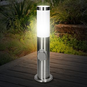 ECD Germany Außenlampe mit 1 Steckdose - E27 Fassung - aus Edelstahl - IP44 - Wegeleuchte Standleuchte Stehleuchte Pollerleuchte Gartensteckdose