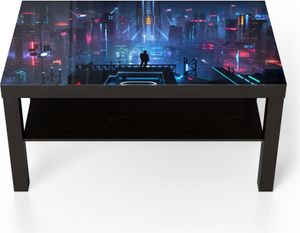 DEQORI Couchtisch 90x55 cm Schwarz 'Cyberpunk Stadt bei Nacht' Glas Beistelltisch