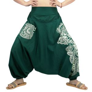 Weite Aladinhose | Haremshose mit Tasche | Pluderhose mit indischem Muster | Pumphose mit breitem Bund | Unisex | Grün | Baumwolle | Größe: L/XL