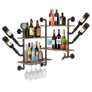 WISFOR Weinregal Wand, Ecke Flaschenregal Weinflaschenhalter mit Ablagen Weingläserhalter, Industrial Design, ideal für Zuhause, Bar, Küche und Restau