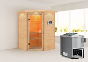 Woodfeeling Sauna Antonia (Eckeinstieg), Ganzglastür, bronziert, Ofen 9 kWexterne Steuerung easy