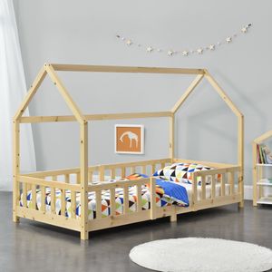 Kinderbett ’Sisimiut’ in Haus-Optik mit Rausfallschutz Kiefernholz 90 x 200 cm Holzfarben