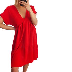 Einfarbiges Kurzfarbiges Kurzärmliges Plissiertes Kurzkleid Mit V-Ausschnitt Für Damen,Farbe: Rot,Größe:M