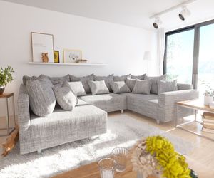 DELIFE Wohnlandschaft Clovis Hellgrau Strukturstoff mit Armlehne Modulsofa