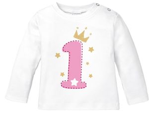 Baby Langarm-Shirt 1. Geburtstag Zahl 1 bzw. 2 mit Krone Sternen Geburtstagsshirt Baumwolle MoonWorks® 1 weiß-rosa 80/86 (10-15 Monate)
