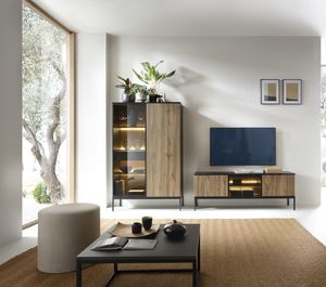 Wohnzimmer-ser SENTO 2 TV-Schrank RTV154 + Vitrine WTSZ104 Eiche Wotan / Schwarz mit Schwarze Rahmen