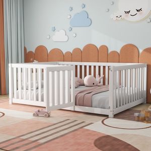 Kinderbett Holzboden Weiß 140x200cm (Ohne Matratze) Bettrahmen mit Zaun und Tür