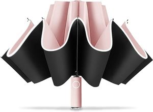 Windabweisender Reiseschirm: Kompaktes, umgekehrtes (Invertiertes) Design mit reflektierendem Streifen für Sonnen- und Regenschutz für Frauen und Männer, Schwarz