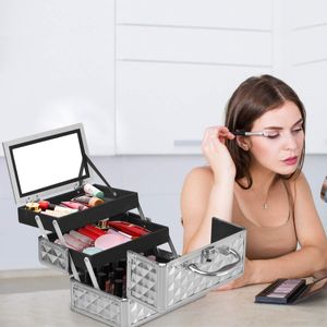 Kozmetický kufrík so zrkadlom, kozmetický kufrík na make-up, kufrík na make-up z ABS a hliníka, 2 výsuvné police, rozkladací a prenosný policový kufrík, kadernícky kufrík, multi kufrík (strieborný)