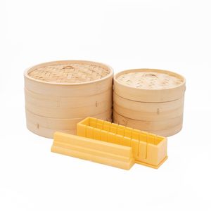 Orientalisches Kochset (3 Teile) mit mittlerem Bambus-Dampfgarer (2 Etagen), großem Bambus-Dampfgarer (2 Etagen) und Sushi-Zubereiter