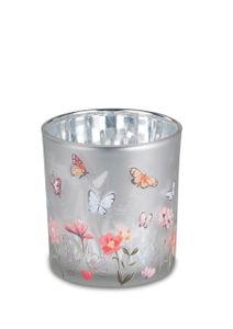 Teelichthalter, Windlicht SOMMERZEIT mit Blumen H. 8cm silber Glas Formano O24