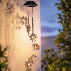 Solárny LED gong 4 kovové zvukové tyče - 75 cm - zvukový gong so 6 svietiacimi slnkami v teplej bielej farbe