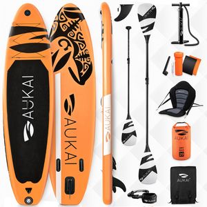 Aukai® Stand Up Paddle Board 320cm "Ocean" 2in1 mit Kajak Sitz SUP Surfboard aufblasbar + Paddel Surfbrett Paddling Paddelboard - orange