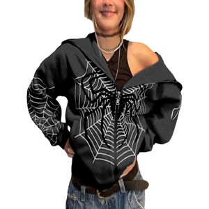 Damen Sweatjacken Reißverschluss Mode Outwear Lose Spider Web Print Kapuzenpullover Herbst  Schwarz,Größe:3xl