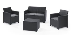 Keter Lounge Set Emma 8-teilig - graphit , 2 Sessel + 2er Sofa + 1 Tisch mit Aufbewahrungsbox-Funktion + 4 Sitzauflagen